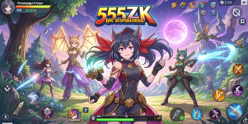 Tampilan gameplay epik dalam 555ZK dengan karakter anime.