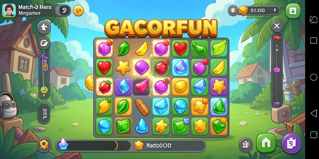 Tampilan gameplay seru dalam GACORFUN, permainan Match-3 yang adiktif.