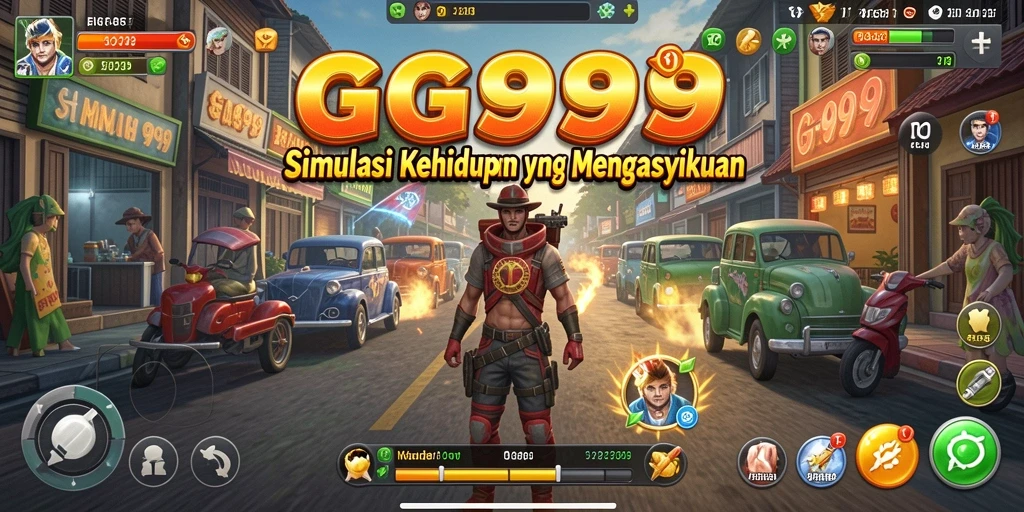 Screenshot utama GG999 menampilkan karakter dalam misi simulasi kehidupan.
