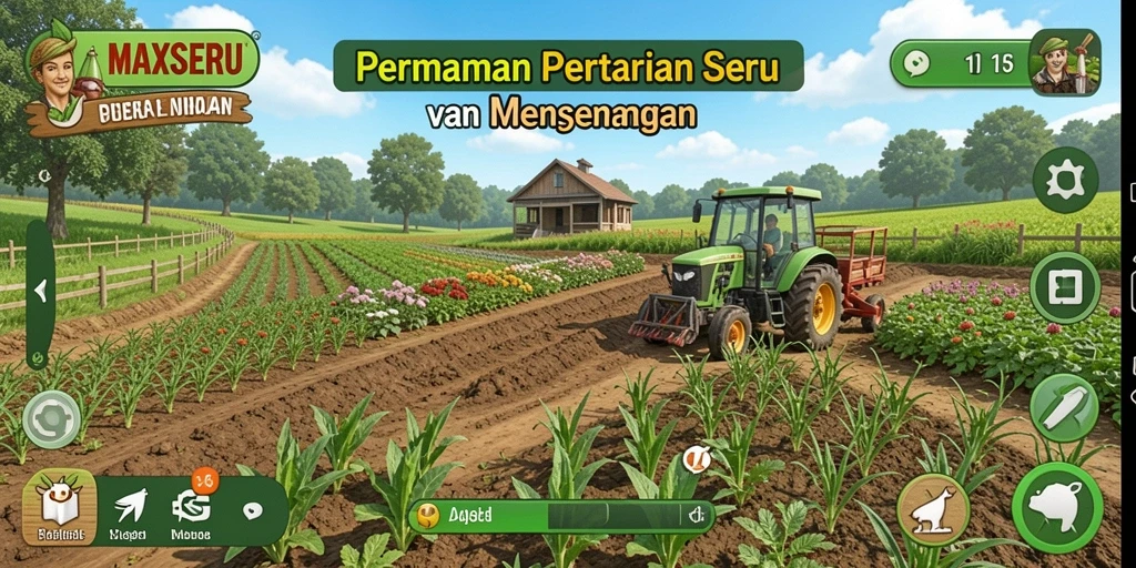 Tampilan gameplay MAXSERU dengan kebun dan hewan ternak yang ceria.