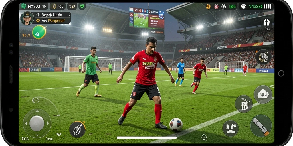 Tampilan gameplay seru di NX303 dengan aksi sepak bola yang mendebarkan.