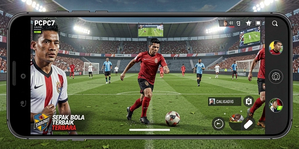 Screenshot utama menampilkan aksi permainan sepak bola yang mendebarkan.