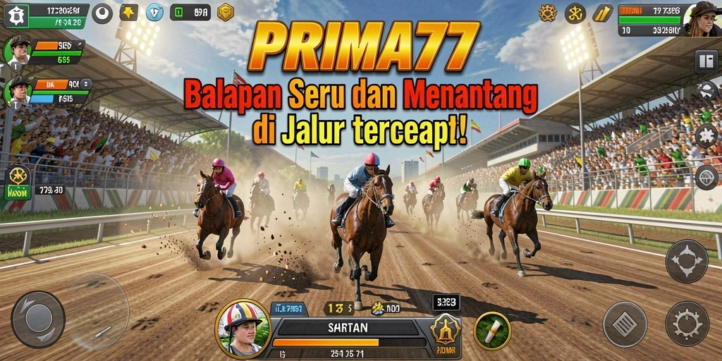 Gameplay balapan seru di PRIMA77 dengan mobil kustom dan trek menantang.