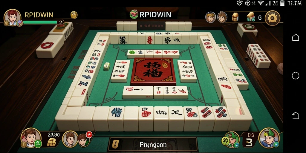 Gameplay seru RPIDWIN dengan ubin Mahjong yang berwarna-warni.