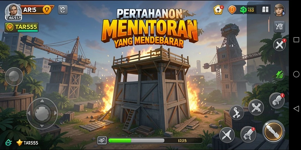 Tampilan gameplay seru dari TAR555 dengan menara dan musuh yang beragam.