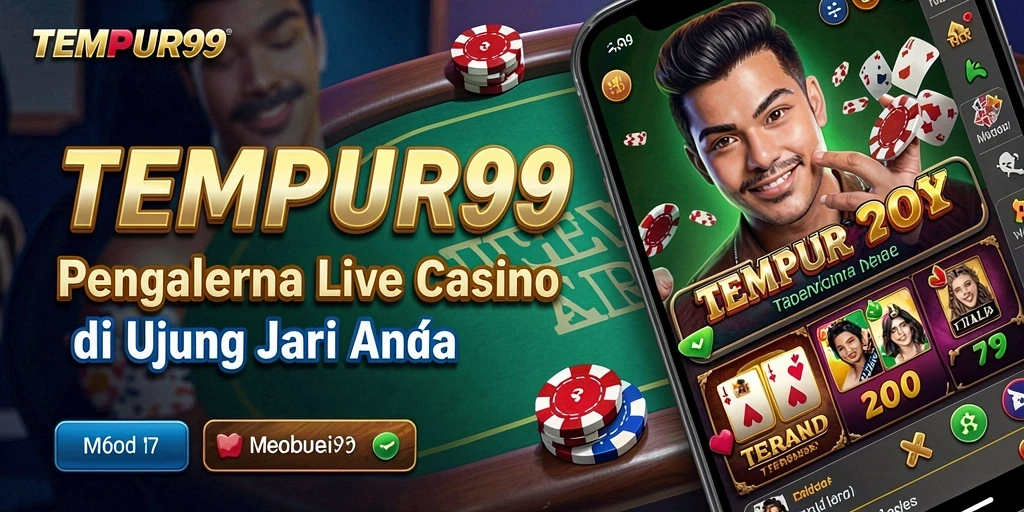 Screenshot gameplay TEMPUR99 dengan dealer langsung dan suasana kasino nyata.